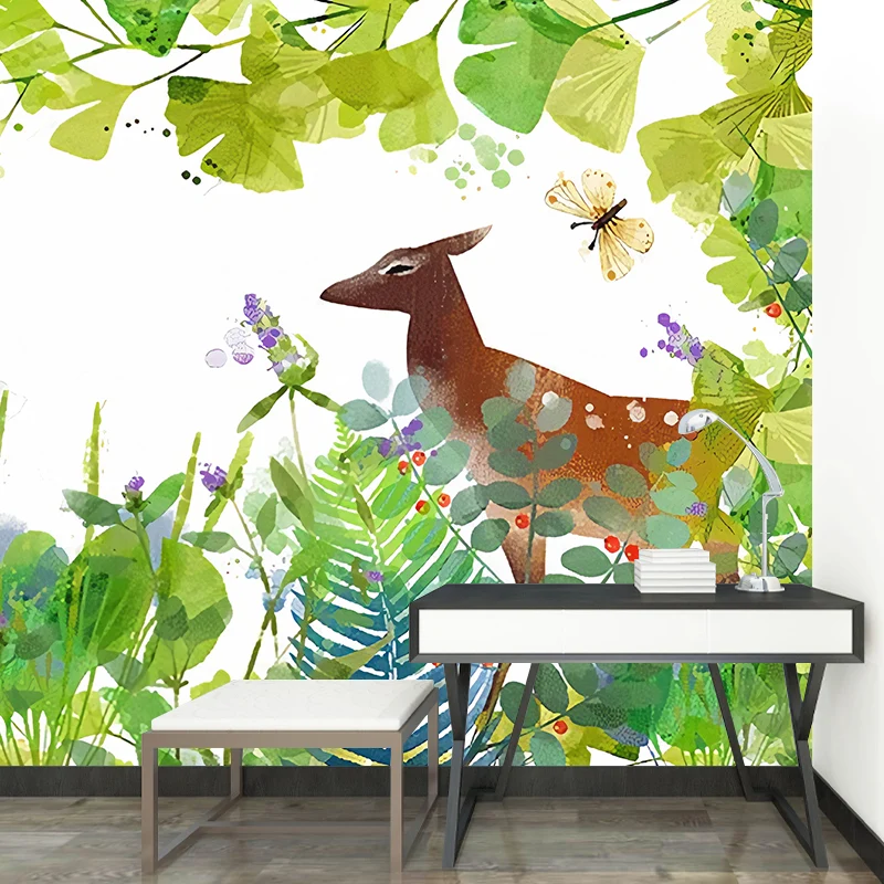 Papel pintado mural de alces y mariposas de tamaño personalizado con decoración de pared sencilla verde para niños Verde C...
