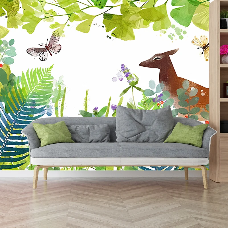 Papel pintado mural de alces y mariposas de tamaño personalizado con decoración de pared sencilla verde para niños Verde C...