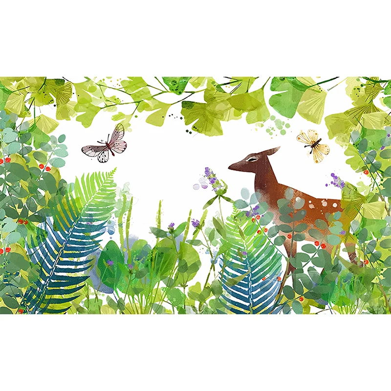 Papel pintado mural de alces y mariposas de tamaño personalizado con decoración de pared sencilla verde para niños Verde C...