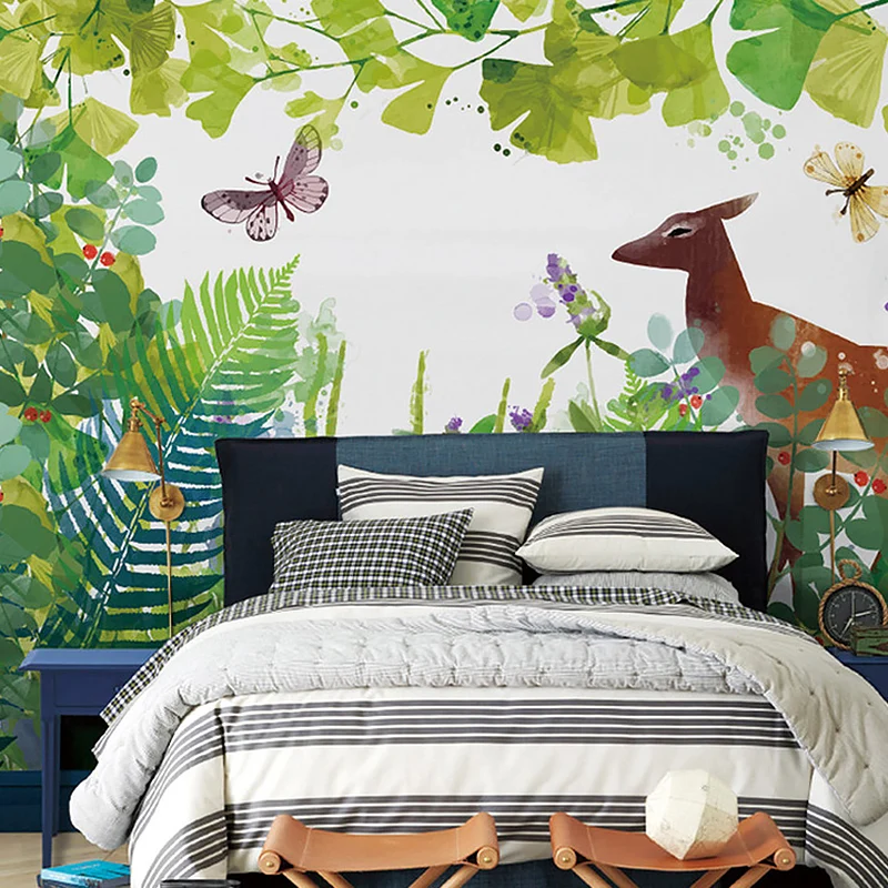 Papel pintado mural de alces y mariposas de tamaño personalizado con decoración de pared sencilla verde para niños Verde C...