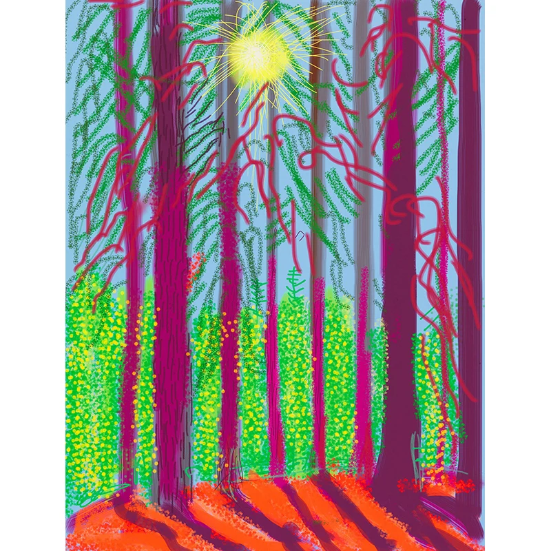 Papel pintado mural de amanecer de bosque púrpura y verde, arte de pared resistente las manchas para sala de estar Morado...