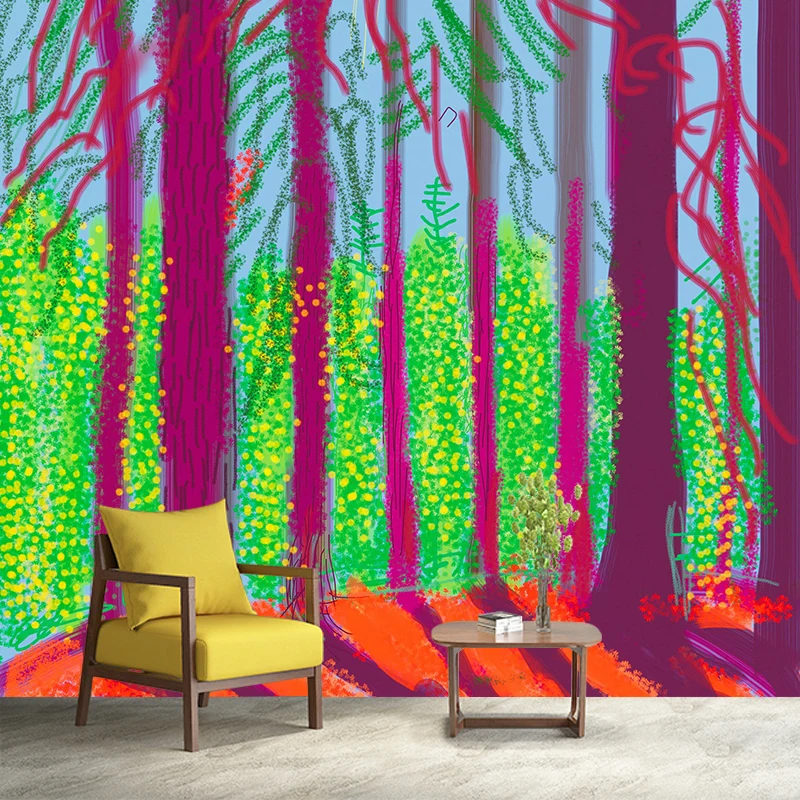 Papel pintado mural de amanecer de bosque púrpura y verde, arte de pared resistente las manchas para sala de estar Morado...