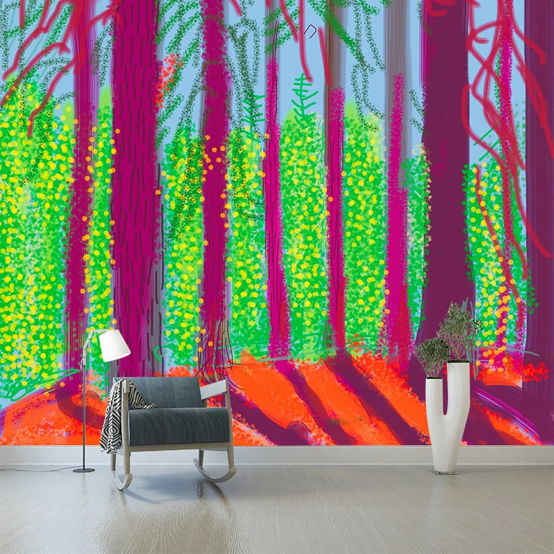 Papel pintado mural de amanecer de bosque púrpura y verde, arte de pared resistente las manchas para sala de estar Morado...