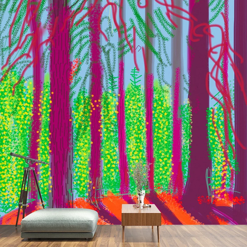 Papel pintado mural de amanecer de bosque púrpura y verde, arte de pared resistente las manchas para sala de estar Morado...