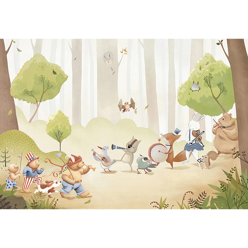 Papel pintado mural de animales y bosques para niños, diseño de dibujos animados, revestimiento de paredes en verde, resis...