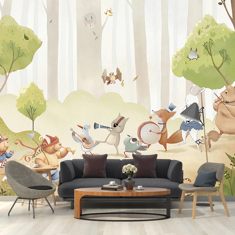 Papel pintado mural de animales y bosques para niños, diseño de dibujos animados, revestimiento de paredes en verde, resis...