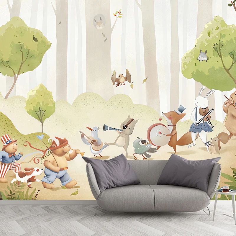 Papel pintado mural de animales y bosques para niños, diseño de dibujos animados, revestimiento de paredes en verde, resis...