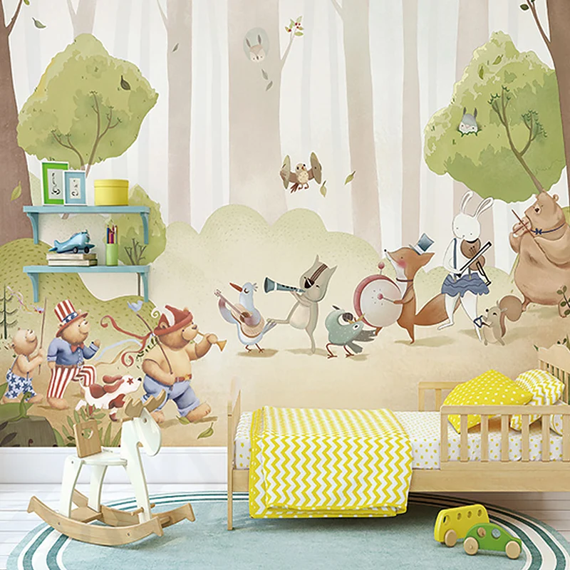 Papel pintado mural de animales y bosques para niños, diseño de dibujos animados, revestimiento de paredes en verde, resis...