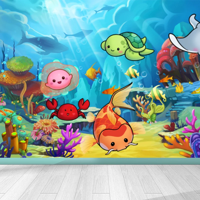 Papel pintado mural de animales submarinos bonitos, revestimiento de paredes no tejido azul para decoración, tamaño person...