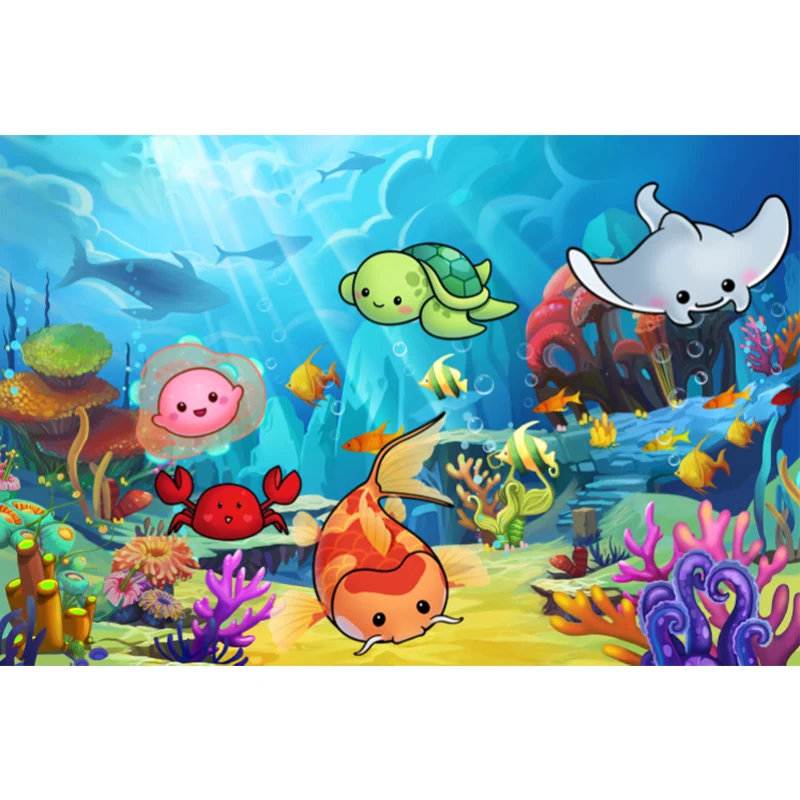 Papel pintado mural de animales submarinos bonitos, revestimiento de paredes no tejido azul para decoración, tamaño person...