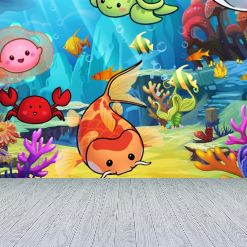 Papel pintado mural de animales submarinos bonitos, revestimiento de paredes no tejido azul para decoración, tamaño person...