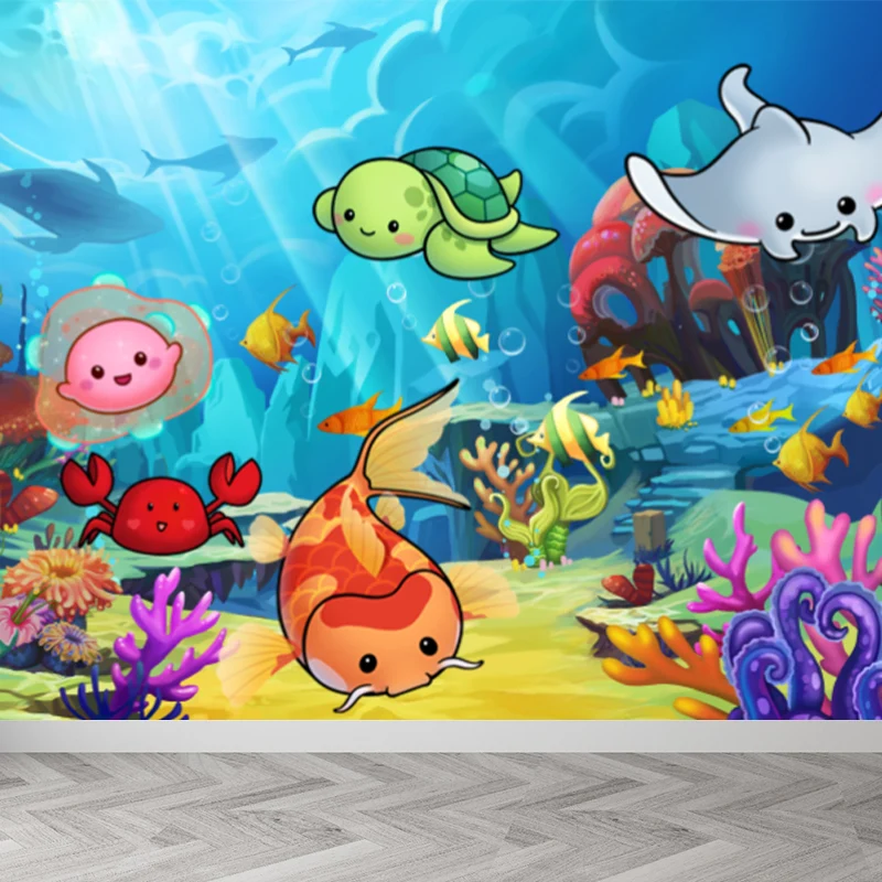 Papel pintado mural de animales submarinos bonitos, revestimiento de paredes no tejido azul para decoración, tamaño person...