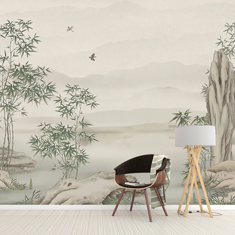 Papel pintado mural de bambú entero en verde y gris, arte de pared no tejido para decoración del hogar, hecho medida Gris...