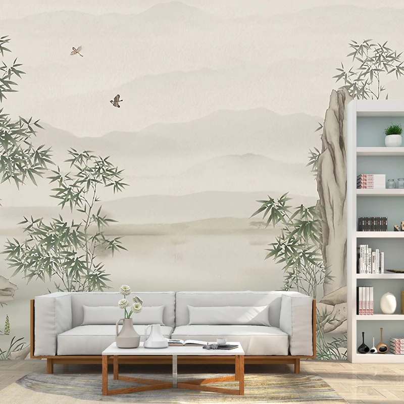 Papel pintado mural de bambú entero en verde y gris, arte de pared no tejido para decoración del hogar, hecho medida Gris...