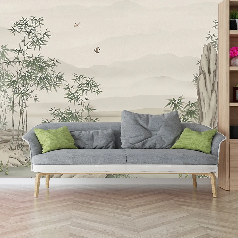 Papel pintado mural de bambú entero en verde y gris, arte de pared no tejido para decoración del hogar, hecho medida Gris...