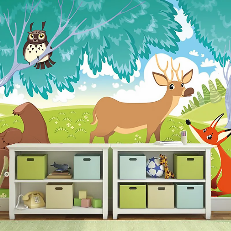 Papel pintado mural de bosques y animales en azul y verde, arte de pared contemporáneo para dormitorio infantil Aguamarina...
