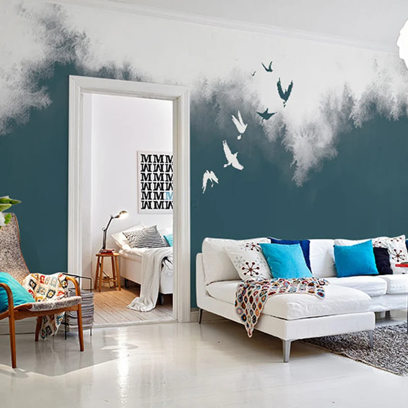 Papel pintado mural Bush and Flying Bird en verde y blanco, revestimiento de paredes nostálgico para sala de estar Verde C...