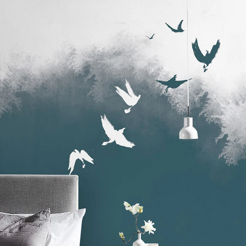 Papel pintado mural Bush and Flying Bird en verde y blanco, revestimiento de paredes nostálgico para sala de estar Verde C...