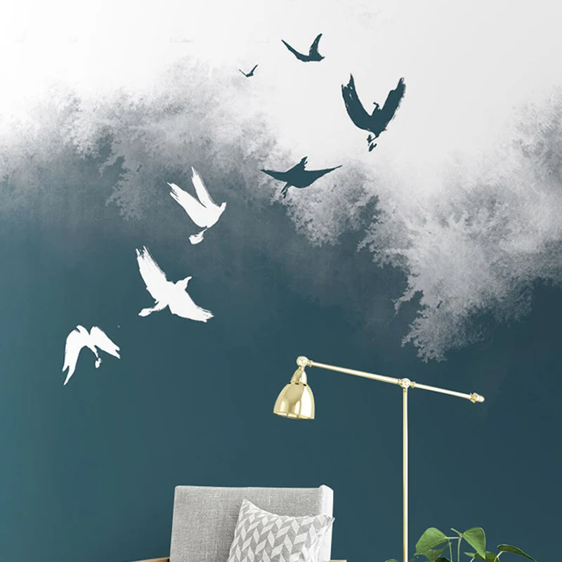 Papel pintado mural Bush and Flying Bird en verde y blanco, revestimiento de paredes nostálgico para sala de estar Verde C...