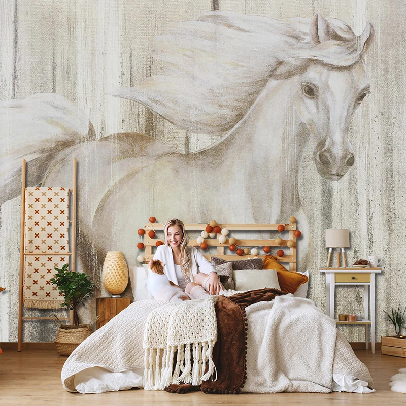 Papel pintado mural de caballo gigante en gris y amarillo para cafeterí, resistente al agua Gris Clearhalo
