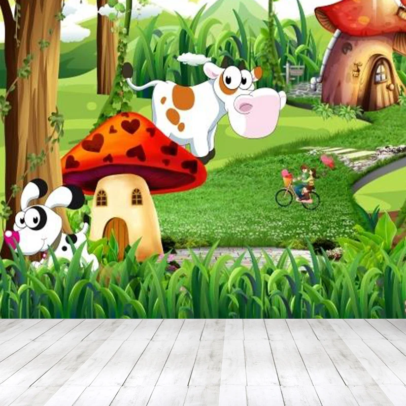 Papel pintado Mural de casas de setas de bosque, decoración de pared de dibujos animados verdes para dormitorio infantil V...