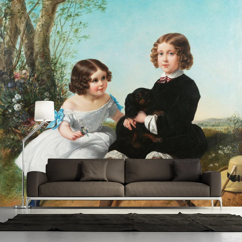 Papel pintado Mural clásico con retrato de hermanos, arte de pared resistente las manchas azul y marrón para guarderí Azul...