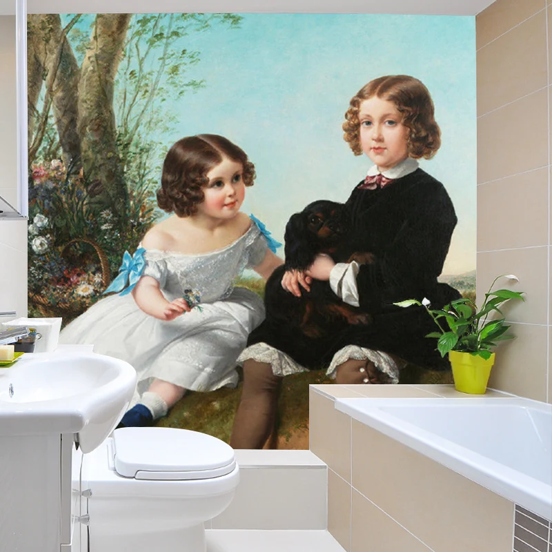 Papel pintado Mural clásico con retrato de hermanos, arte de pared resistente las manchas azul y marrón para guarderí Azul...