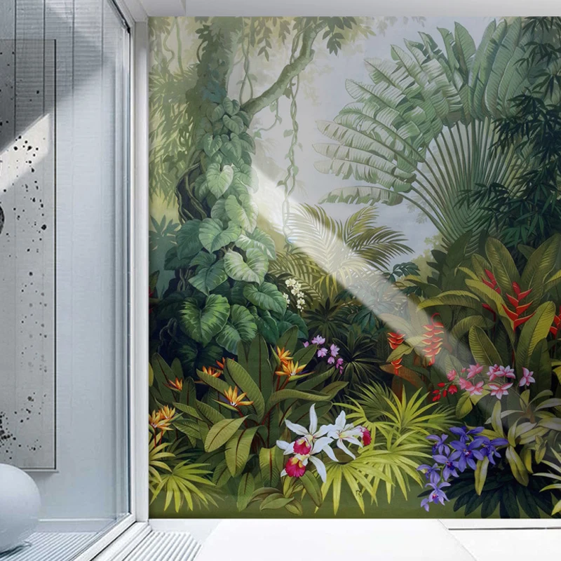 Papel pintado mural con patrón de jungla resistente las manchas, arte de pared contemporáneo no tejido para cafeterí Verde...