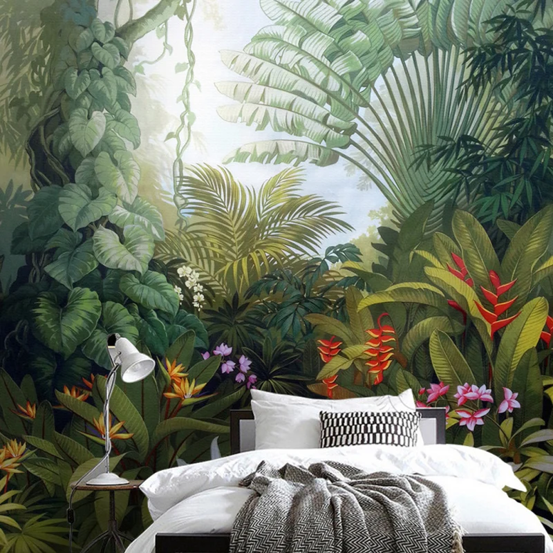 Papel pintado mural con patrón de jungla resistente las manchas, arte de pared contemporáneo no tejido para cafeterí Verde...