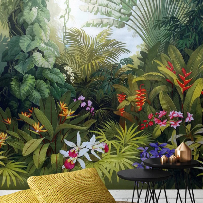 Papel pintado mural con patrón de jungla resistente las manchas, arte de pared contemporáneo no tejido para cafeterí Verde...