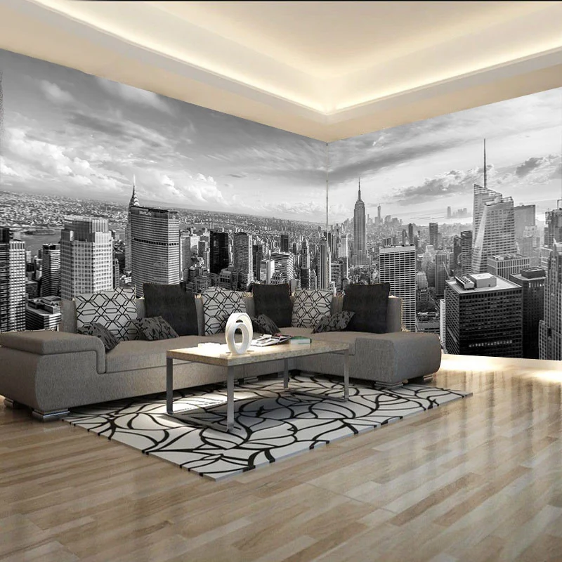 Papel pintado mural contemporáneo con vista la ciudad para pared decorativa, blanco y negro, hecho medida Negro Clearhalo