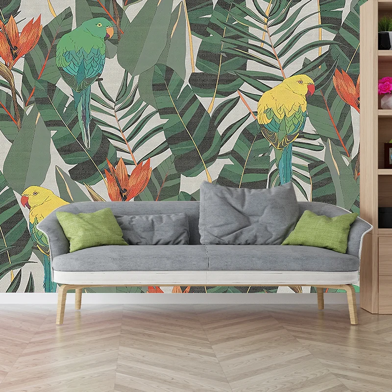 Papel pintado mural contemporáneo de hojas y pájaros para decoración del hogar, arte de pared de tamaño personalizado en v...