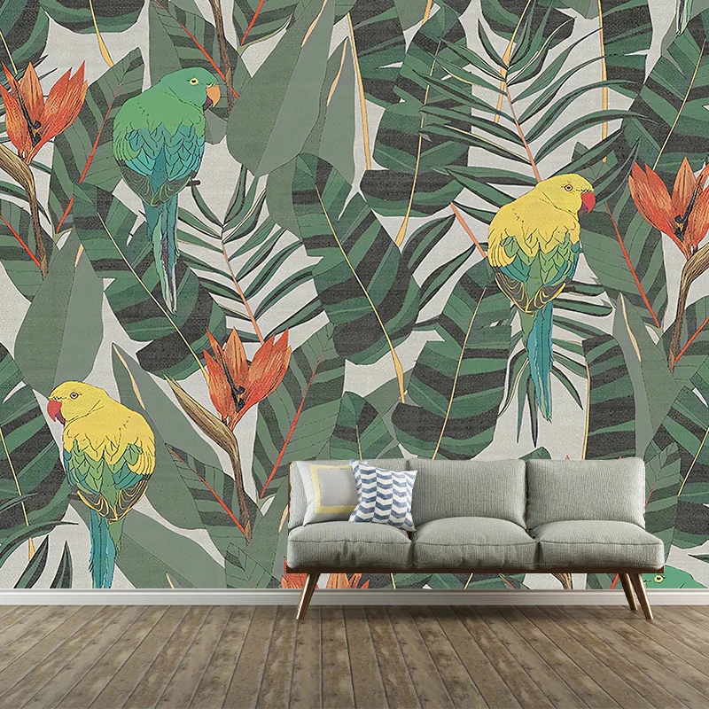 Papel pintado mural contemporáneo de hojas y pájaros para decoración del hogar, arte de pared de tamaño personalizado en v...