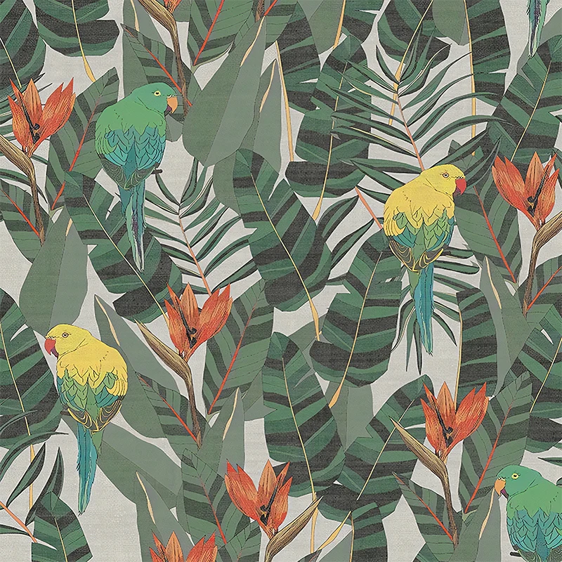 Papel pintado mural contemporáneo de hojas y pájaros para decoración del hogar, arte de pared de tamaño personalizado en v...