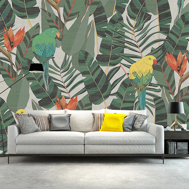 Papel pintado mural contemporáneo de hojas y pájaros para decoración del hogar, arte de pared de tamaño personalizado en v...