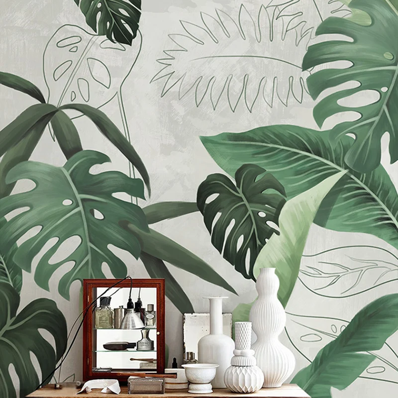 Papel pintado mural decorativo de hojas tropicales, arte de pared minimalista no tejido para dormitorio Verde Clearhalo