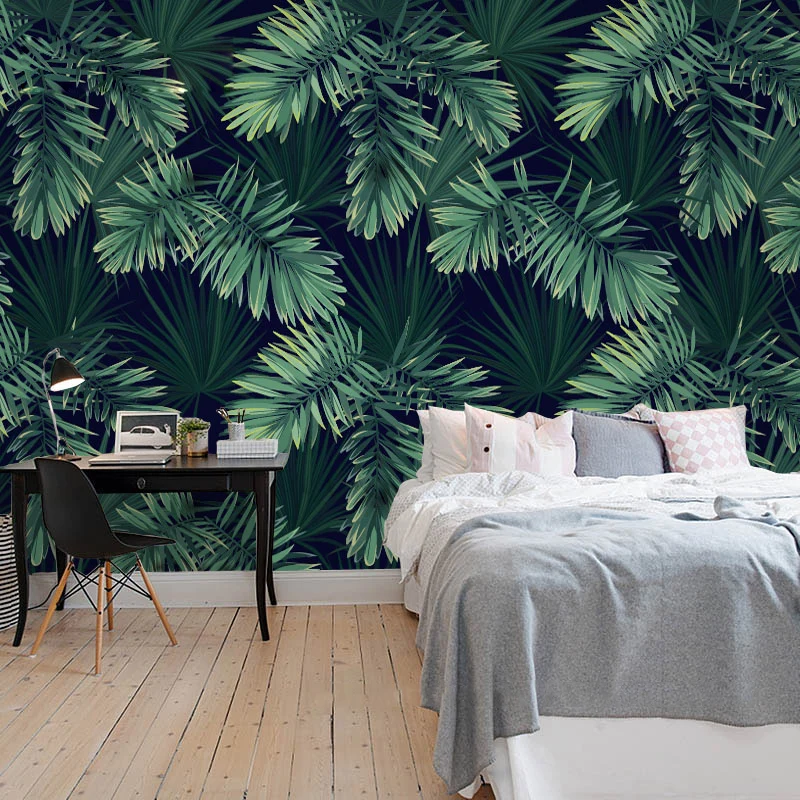Papel pintado mural extra grande de hojas tropicales en decoración de pared no tejida verde para dormitorio, impreso medid...