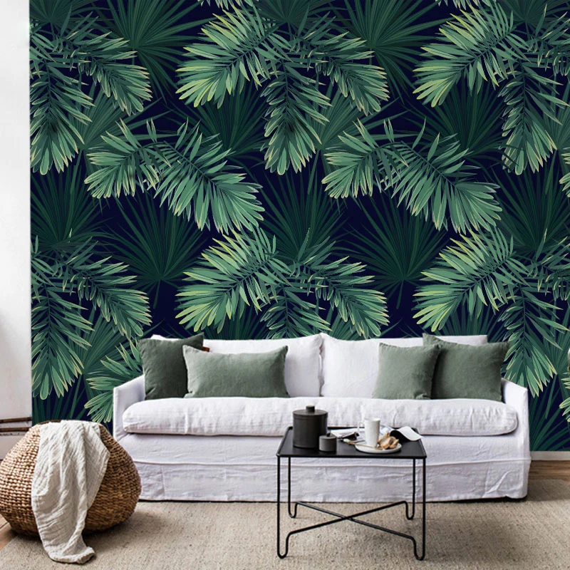 Papel pintado mural extra grande de hojas tropicales en decoración de pared no tejida verde para dormitorio, impreso medid...
