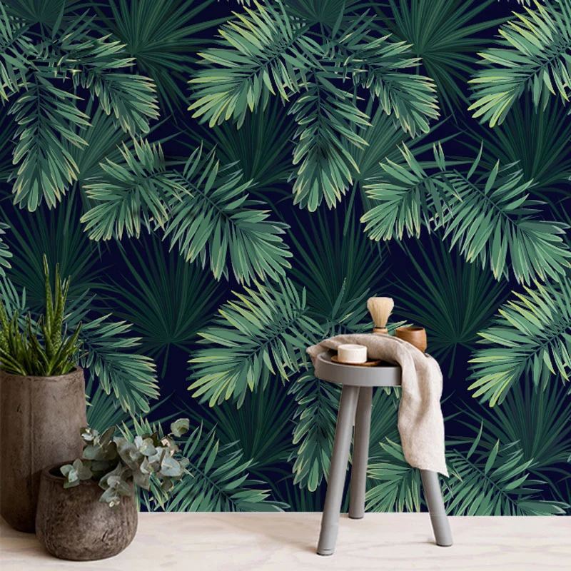 Papel pintado mural extra grande de hojas tropicales en decoración de pared no tejida verde para dormitorio, impreso medid...