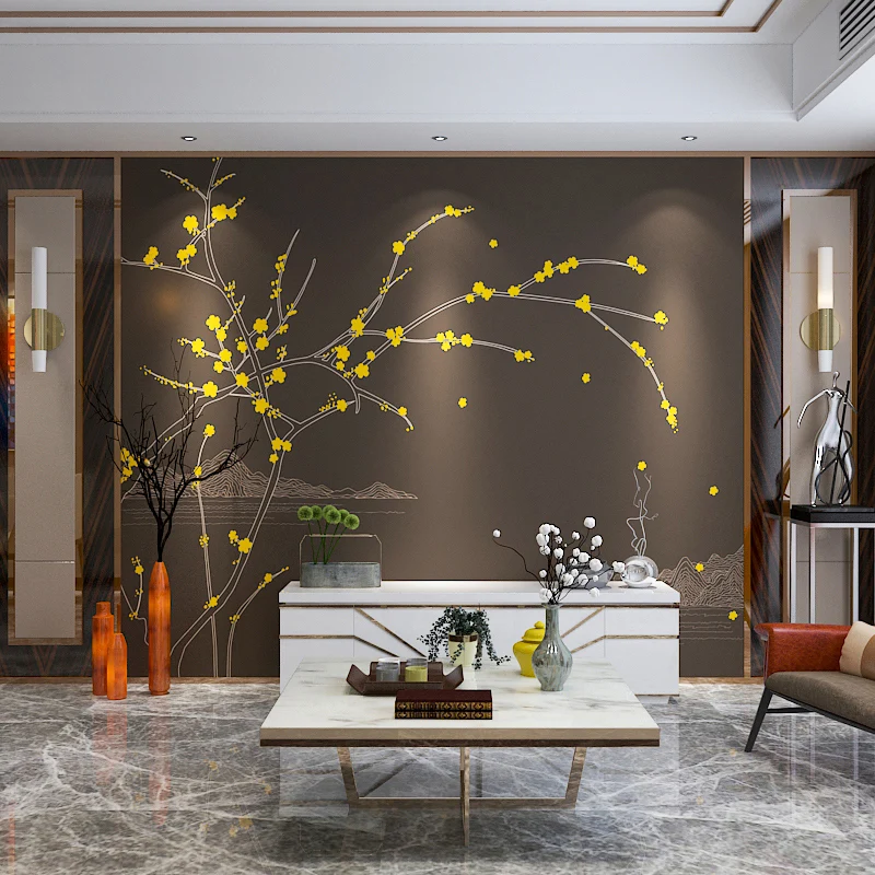 Papel pintado mural de flor de ciruelo en amarillo y gris, arte de pared clásico para pared de acento Negro Clearhalo