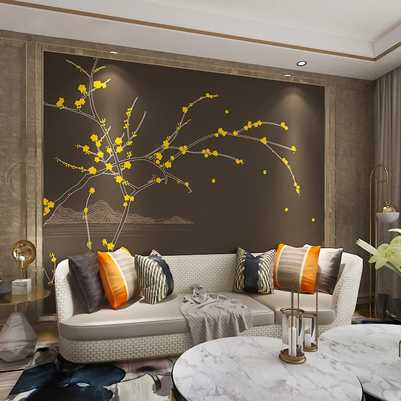 Papel pintado mural de flor de ciruelo en amarillo y gris, arte de pared clásico para pared de acento Negro Clearhalo