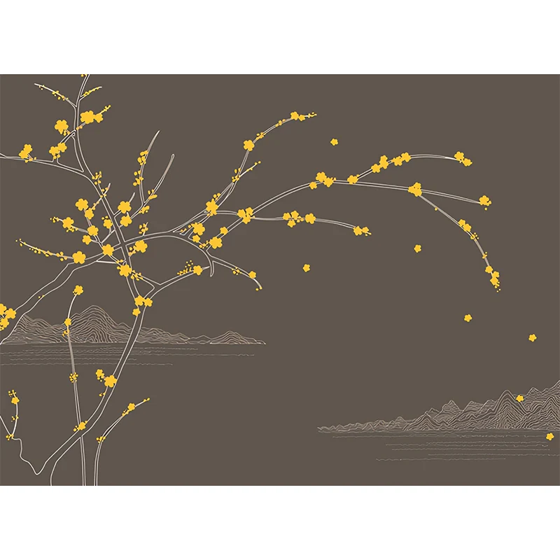 Papel pintado mural de flor de ciruelo en amarillo y gris, arte de pared clásico para pared de acento Negro Clearhalo