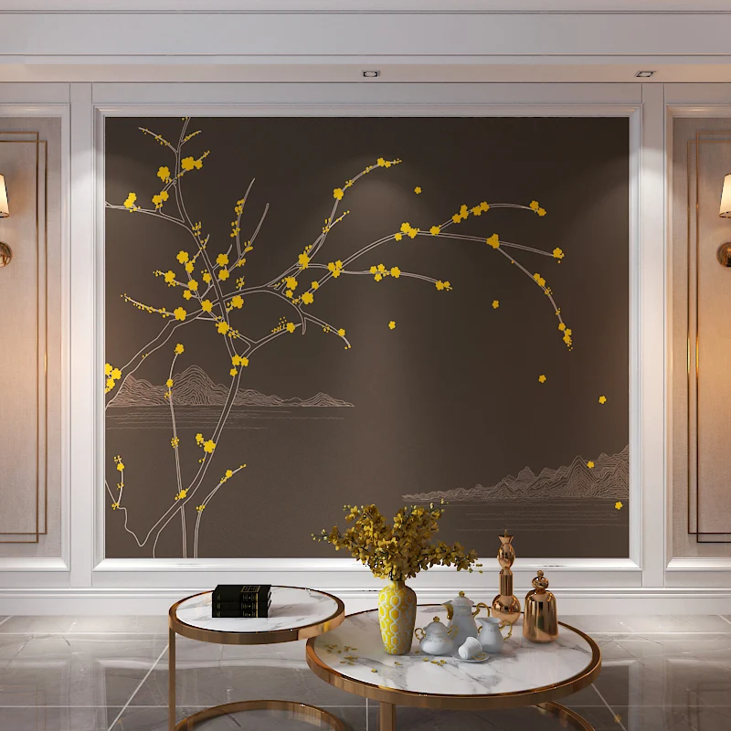 Papel pintado mural de flor de ciruelo en amarillo y gris, arte de pared clásico para pared de acento Negro Clearhalo