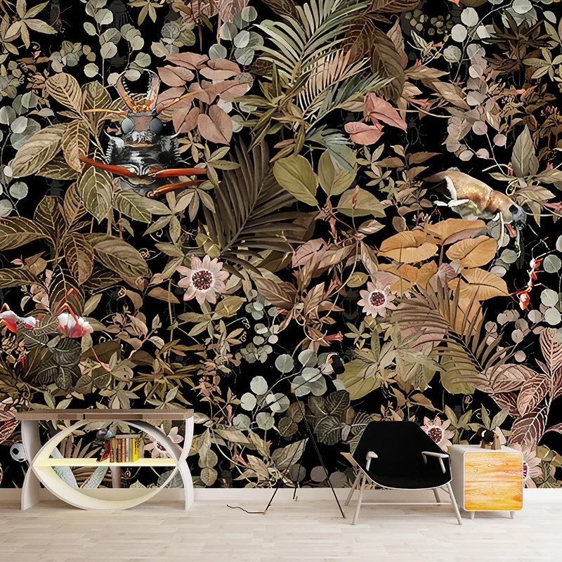 Papel pintado mural de flores y hojas frescas para decoración de pared tropical de habitación de invitados, hecho medida V...