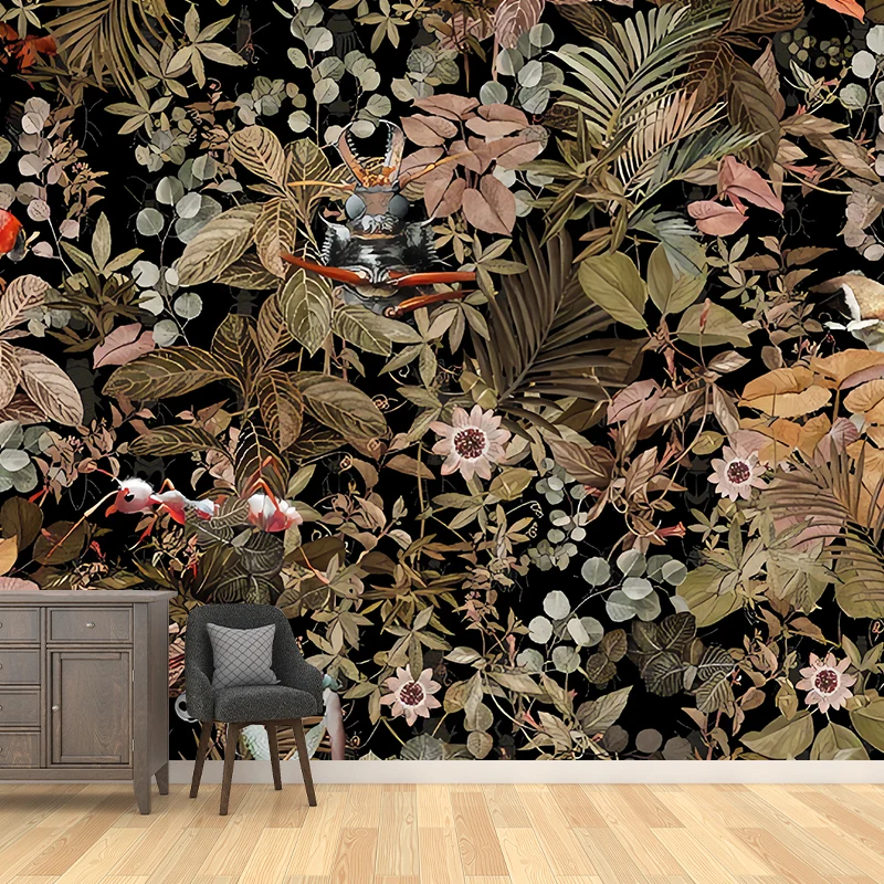 Papel pintado mural de flores y hojas frescas para decoración de pared tropical de habitación de invitados, hecho medida V...