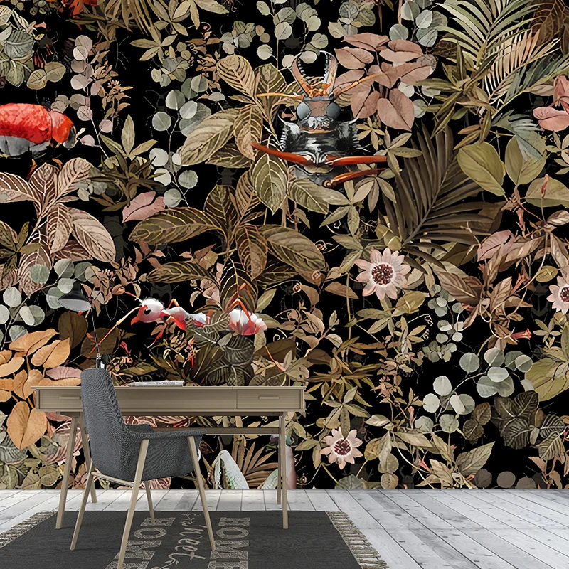 Papel pintado mural de flores y hojas frescas para decoración de pared tropical de habitación de invitados, hecho medida V...