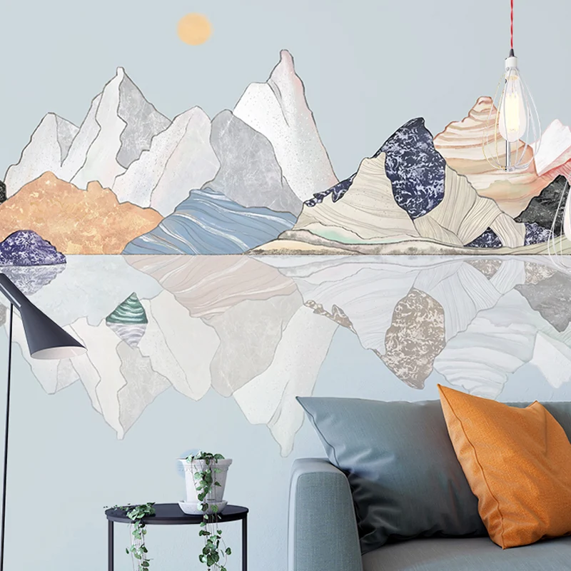 Papel pintado mural gigante para chimenea, boceto de arte de pared de montañ en multicolor, resistente al agua Azul Clearhalo