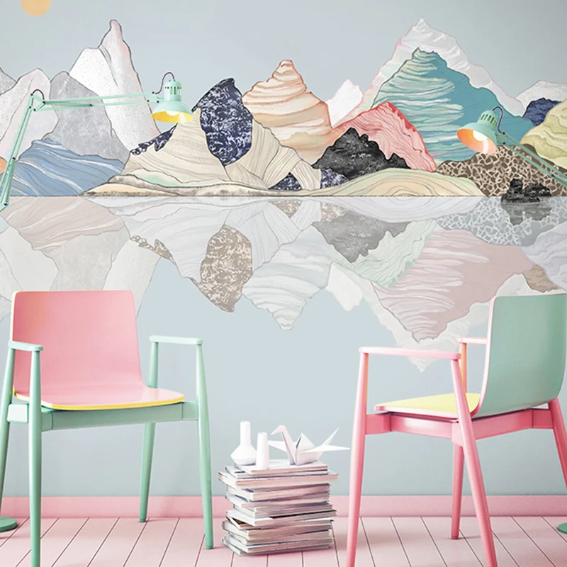 Papel pintado mural gigante para chimenea, boceto de arte de pared de montañ en multicolor, resistente al agua Azul Clearhalo