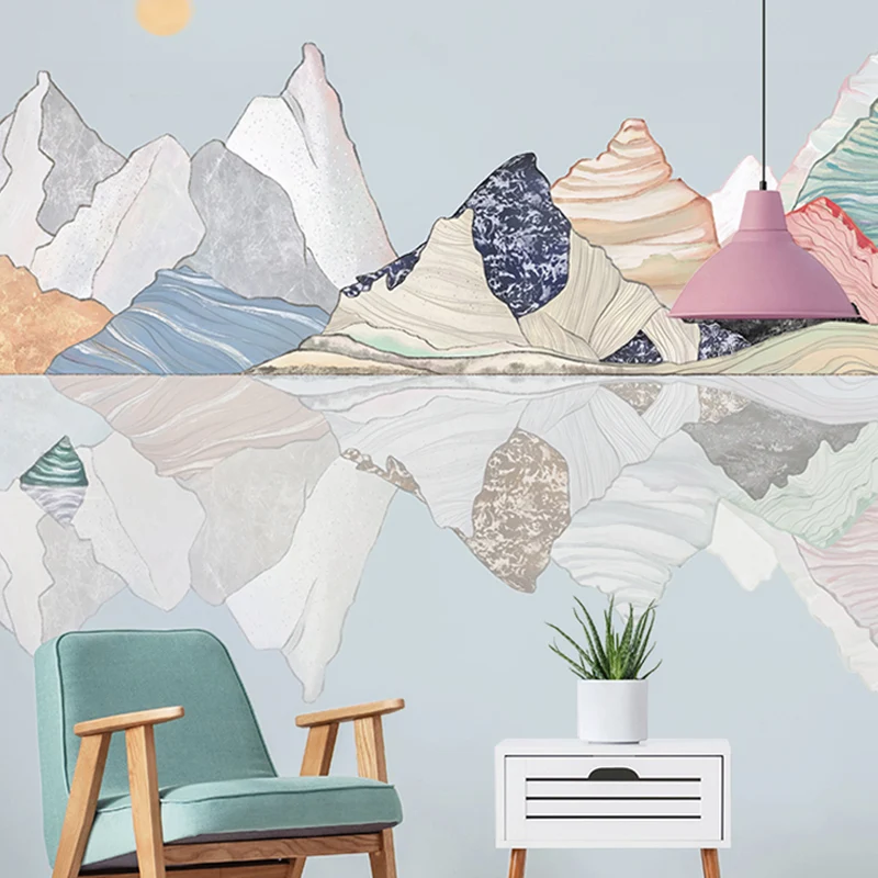 Papel pintado mural gigante para chimenea, boceto de arte de pared de montañ en multicolor, resistente al agua Azul Clearhalo