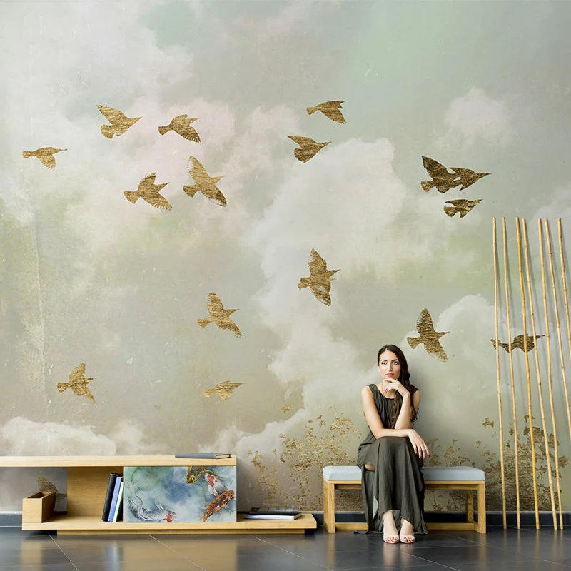 Papel pintado mural gigante de tela no tejida con cielo y pájaro volador nostálgico en colores pastel, hecho medida Gris C...
